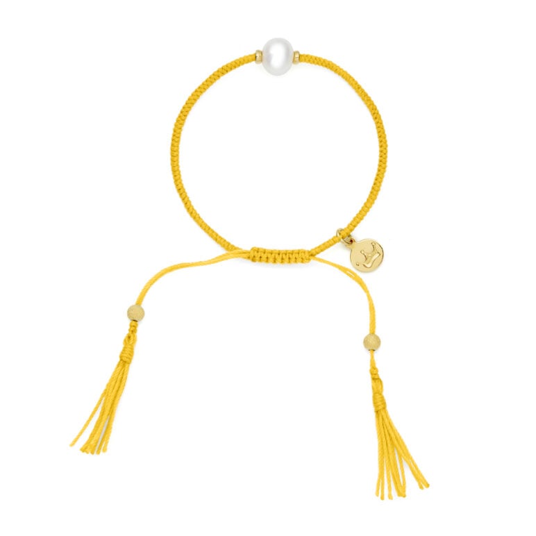 8mm freshwater pearl adjustable tassel bracelet on recycled plastic coloured thread