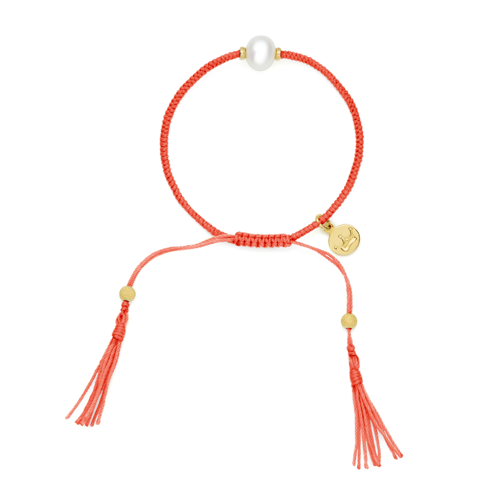 6mm freshwater pearl adjustable tassel bracelet on recycled plastic coloured thread
