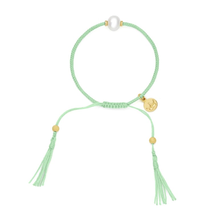 8mm freshwater pearl adjustable tassel bracelet on recycled plastic coloured thread