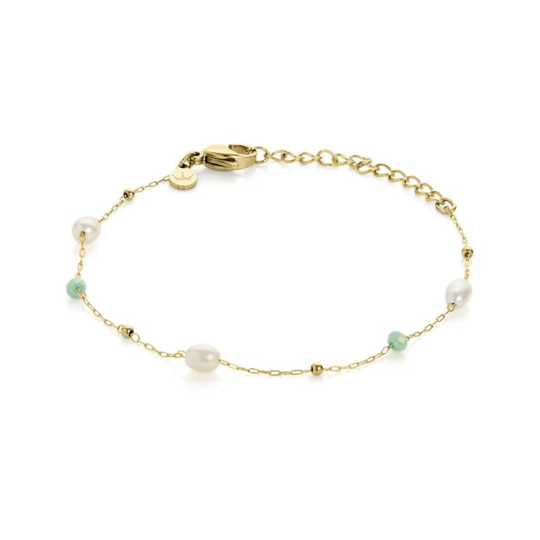 3mm colourful glass beads and freshwater pearl stainless steel yellow gold plate bracelet