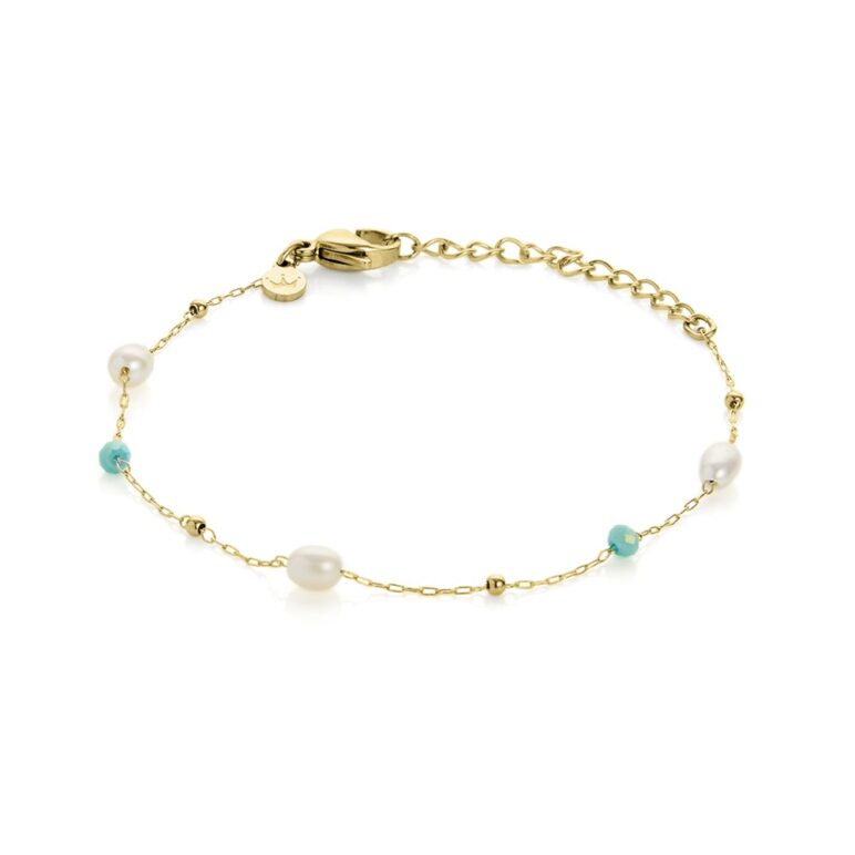 3mm colourful glass beads and freshwater pearl stainless steel yellow gold plate bracelet