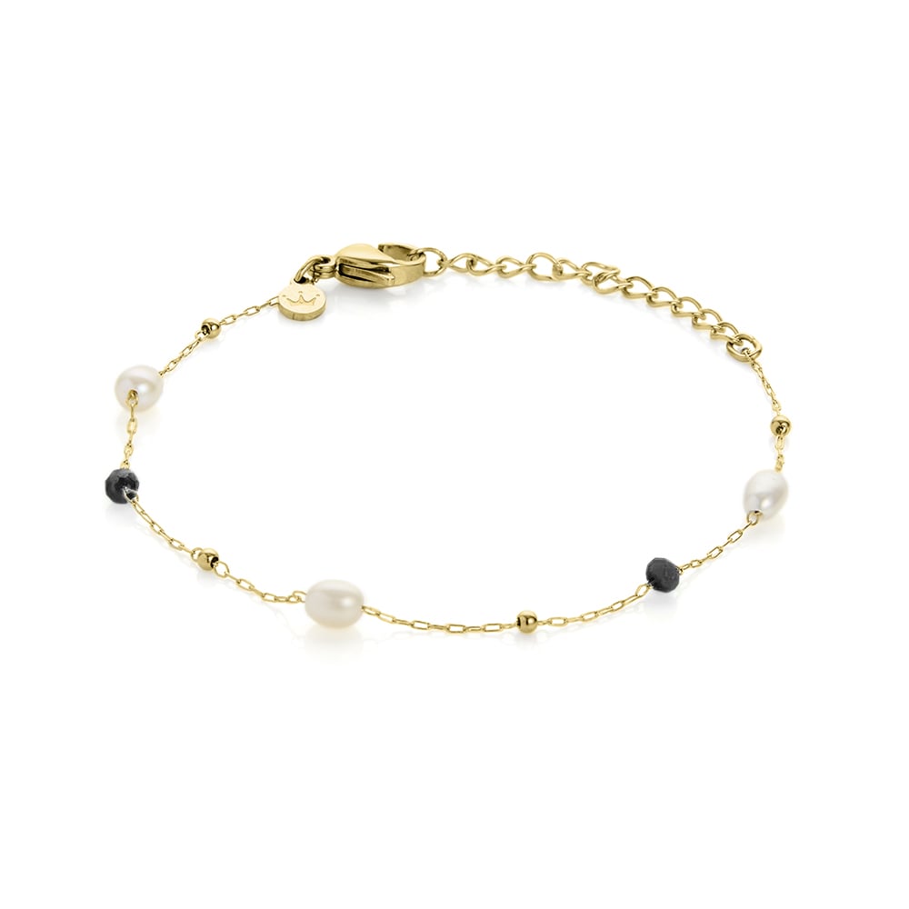 3mm colourful glass beads and freshwater pearl stainless steel yellow gold plate bracelet