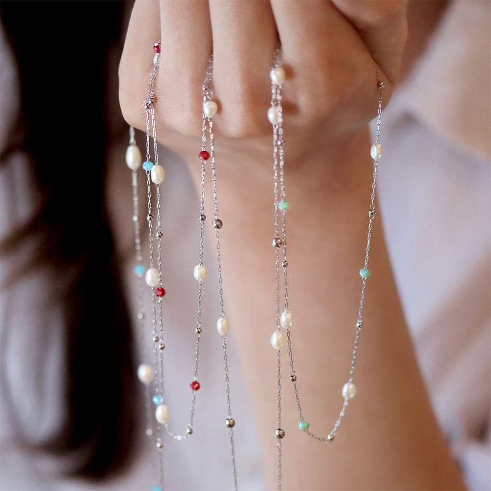 3mm colourful glass beads and freshwater pearl stainless steel necklace chain