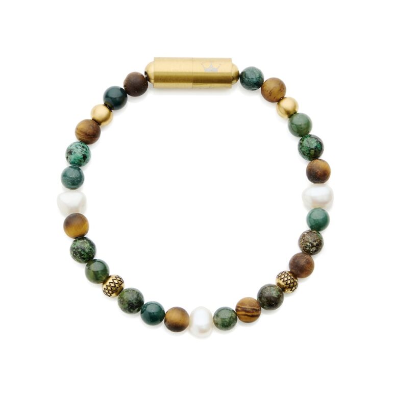 6mm white baroque freshwater pearl shiny moss agate shiny African turquoise matt tiger eye bracelet with yellow gold plate stainless steel clasp