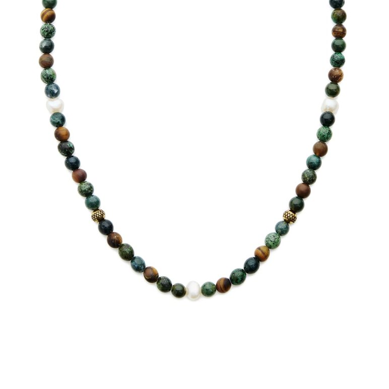 6mm white baroque freshwater pearl shiny moss agate shiny African turquoise matt tiger eye necklace with yellow gold plate stainless steel clasp