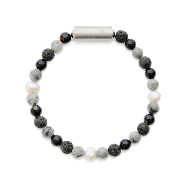 6mm white baroque freshwater pearl lava stone black agate bracelet with stainless steel magnetic clasp