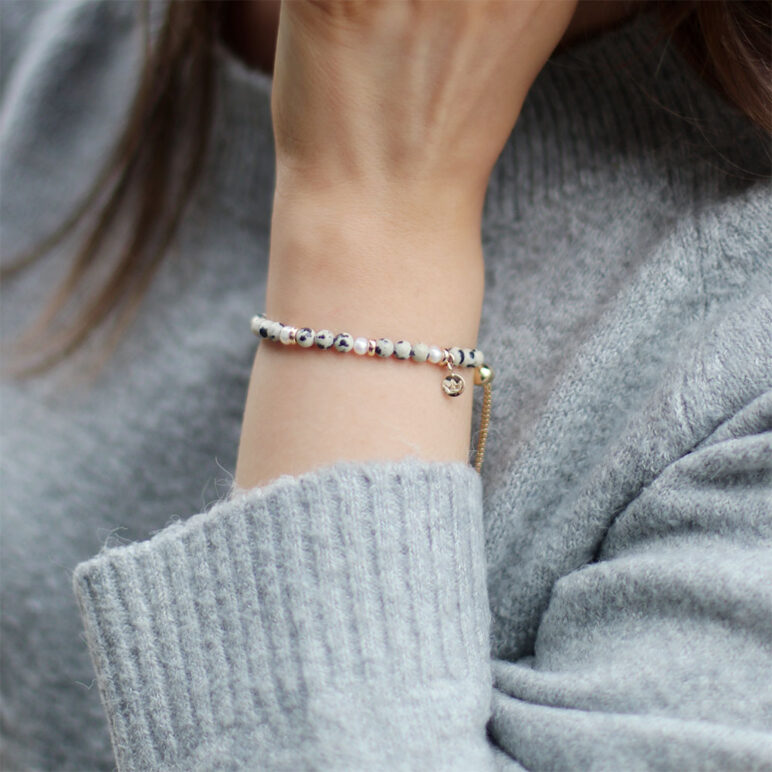 5mm near round freshwater pearl dalmatian stone bracelet with yellow gold plate sterling silver slider clasp