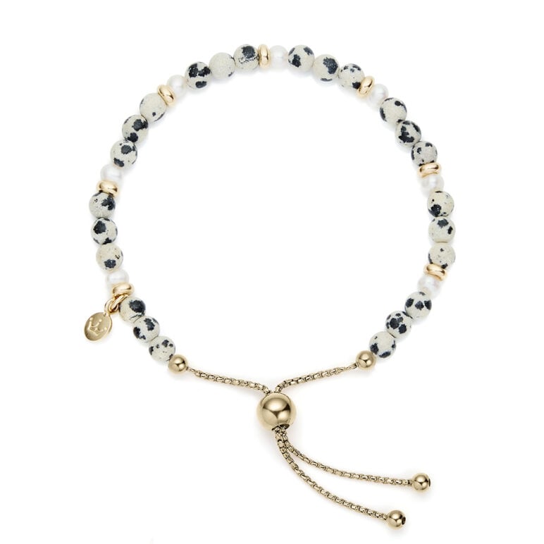 5mm near round freshwater pearl dalmatian stone bracelet with yellow gold plate sterling silver slider clasp