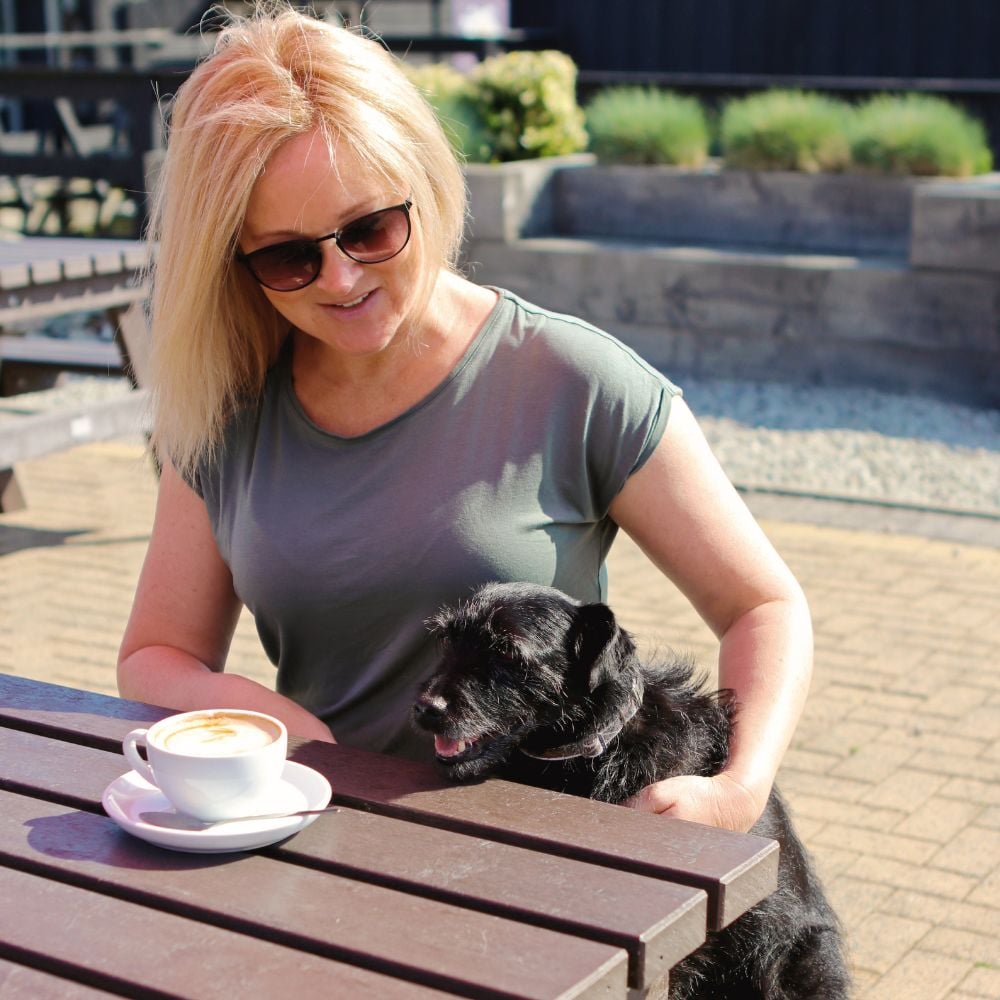 dog and coffee at cornwall gold