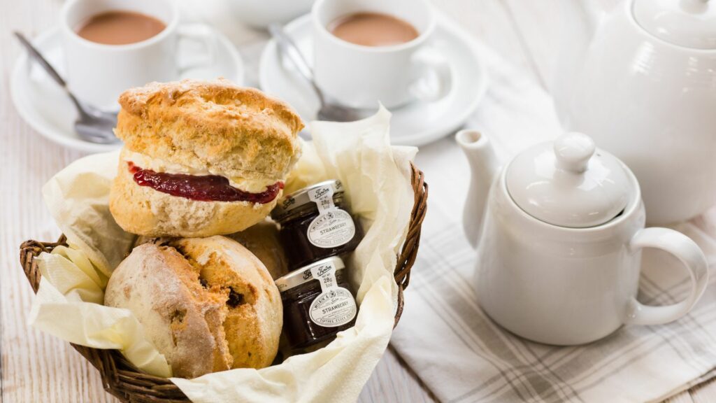 cream tea scones and pot of tea at cornwall gold