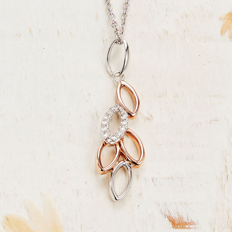 Silver and Rose Gold Leaf Drop Pendant with White Topaz