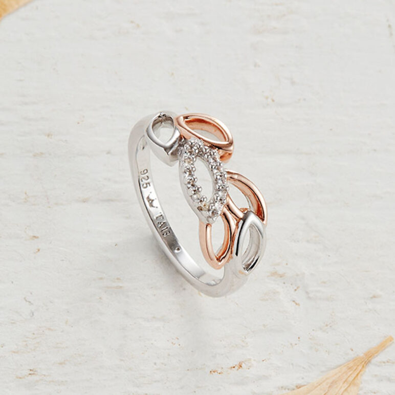 Silver and Rose Gold Leaf design Ring with White Topaz