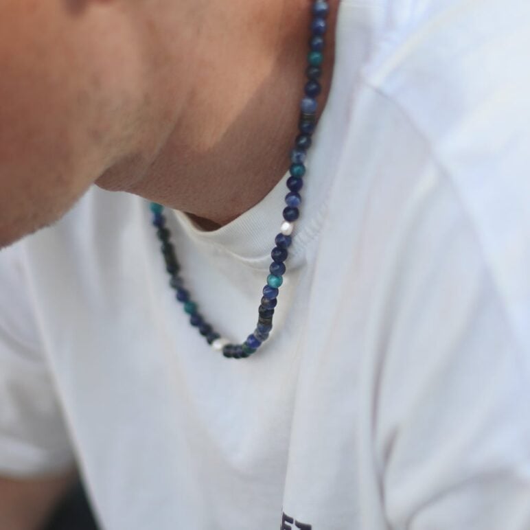 6mm white baroque freshwater pearl sodalite blue apatite necklace with stainless steel clasp